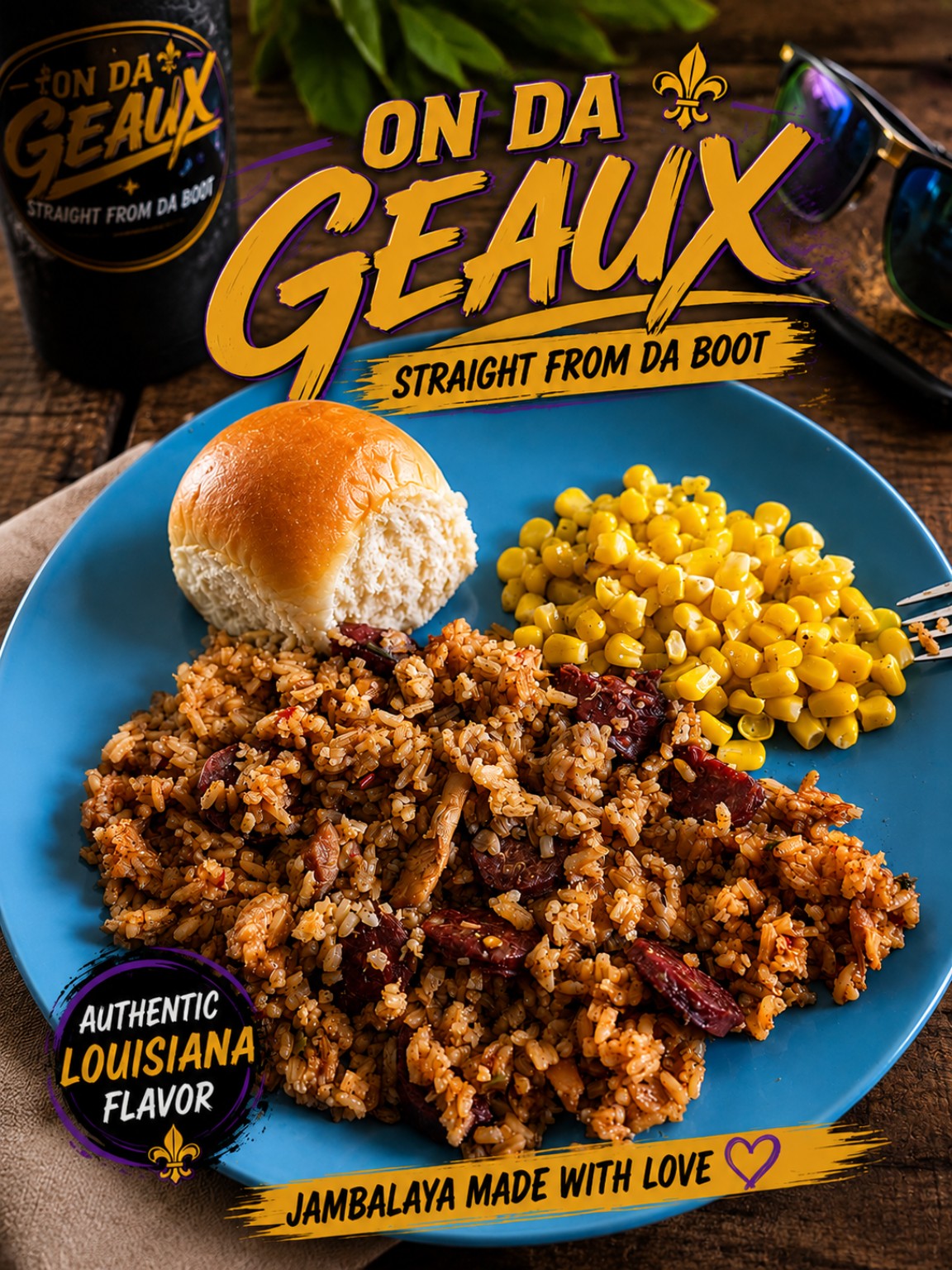 On Da Geaux authentic Louisiana jambalaya with sausage, chicken, corn, and a roll